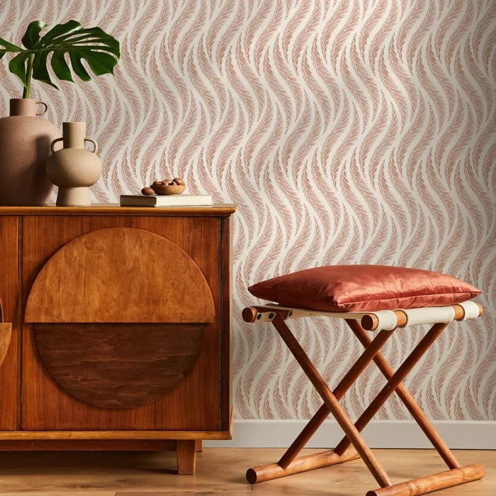 Bohemian Wallpaper With A Wavy Feather Motif In Pink And Terracotta – C525