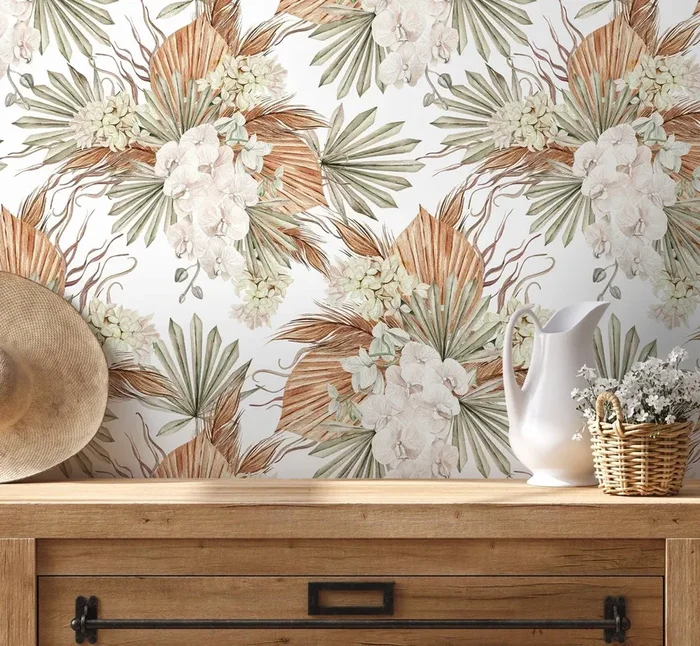 Boho Floral Wallpaper With Orchids And Dried Palms In Brown, Green, And Cream – D056