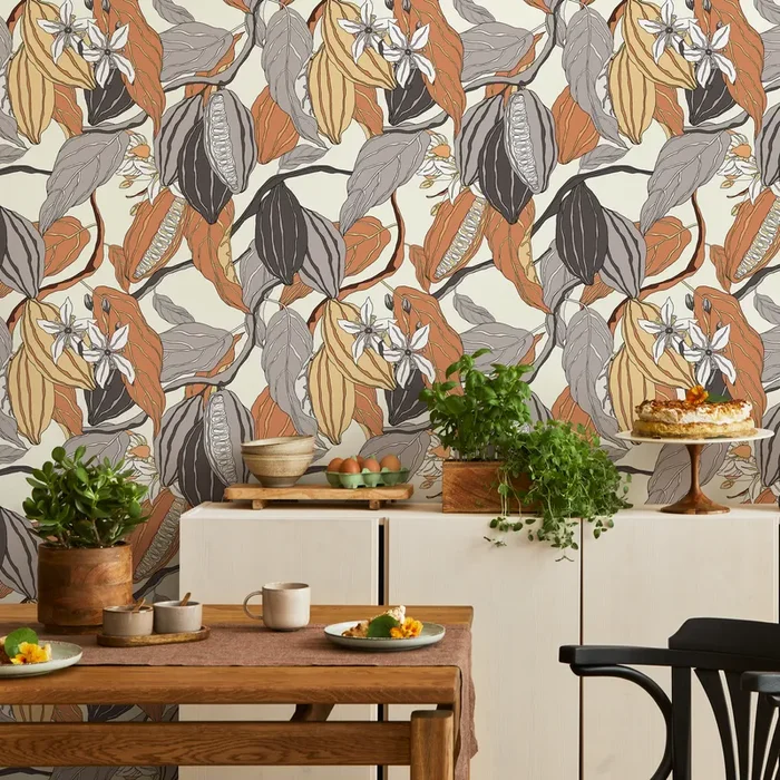 Botanical Wallpaper Featuring Cacao Pods And Flowers In Brown And Gray – C161