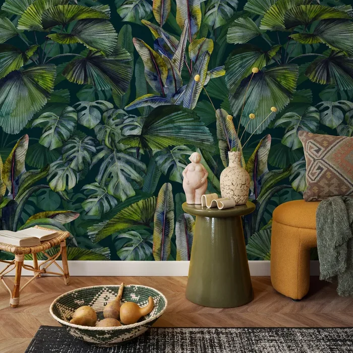 Botanical Wallpaper Featuring Lush Monstera And Palm Leaves In Green, Blue, And Yellow – C407