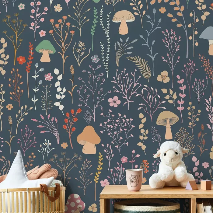 Botanical Wallpaper Featuring Mushrooms And Wildflowers In Pink And Orange – D910