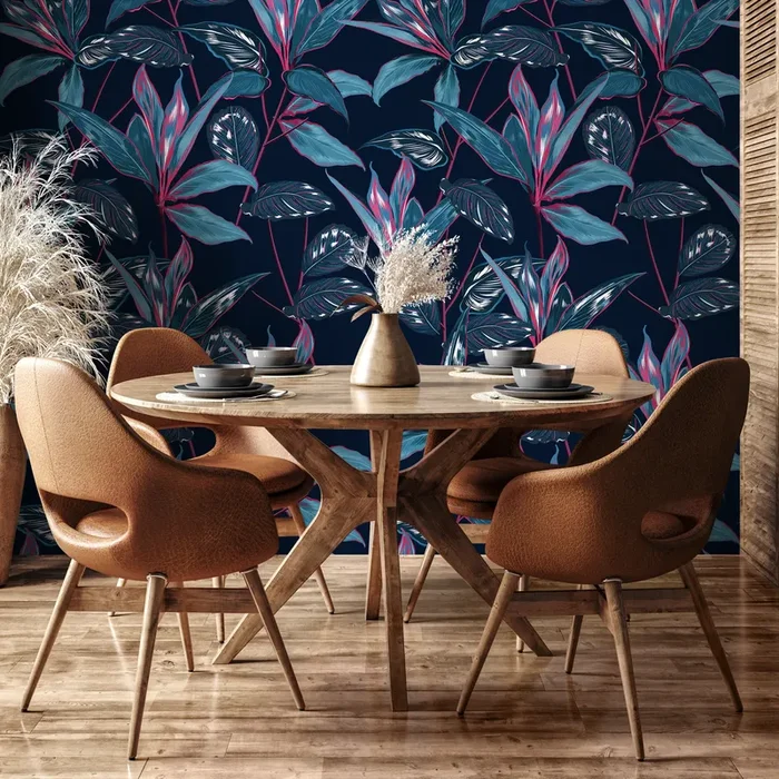 Botanical Wallpaper Featuring Tropical Leaves In Navy, Teal, And Magenta – B100