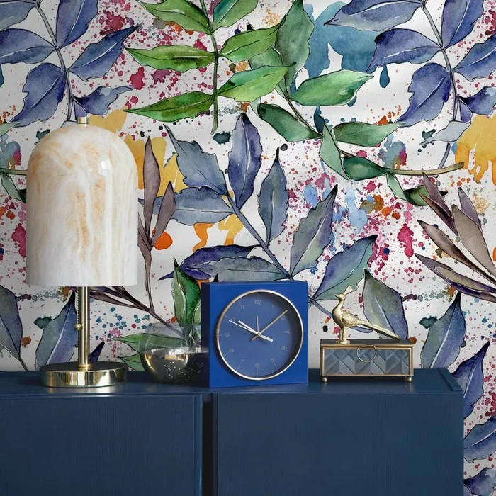 Botanical Wallpaper Featuring Watercolor Branches In Blue, Green, And Pink – B008
