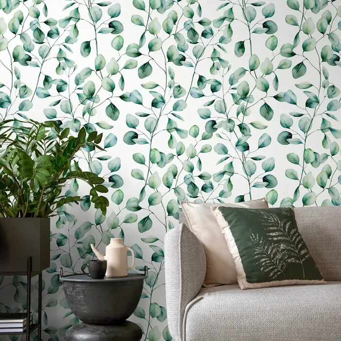 Botanical Wallpaper Featuring Watercolor Eucalyptus Branches In Greens And Blues – A655