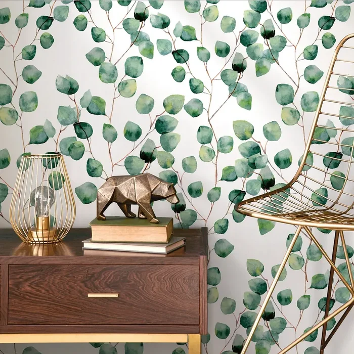 Botanical Wallpaper Featuring Watercolor Eucalyptus In Green And Brown – A126