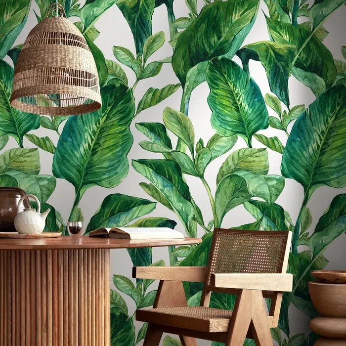 Botanical Wallpaper Featuring Watercolor Tropical Leaves In Green – A205