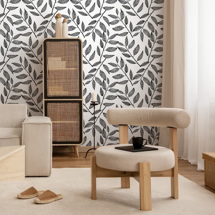 Botanical Wallpaper With A Climbing Vine Motif In Black And White – A688