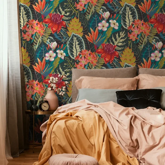 Botanical Wallpaper With A Lush Tropical Motif In Red, Pink, And Green – C206