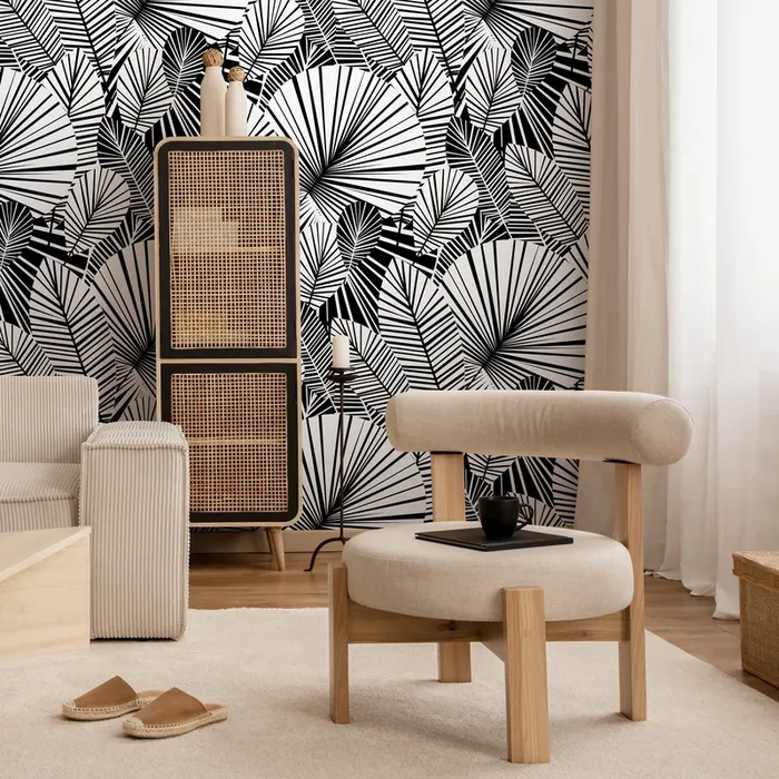 Botanical Wallpaper With A Modern Fan Palm Motif In Black And White – B324