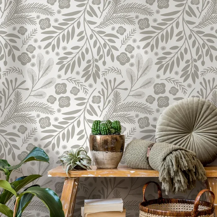 Botanical Wallpaper With A Scandinavian Floral And Leaf Motif In Taupe – C232