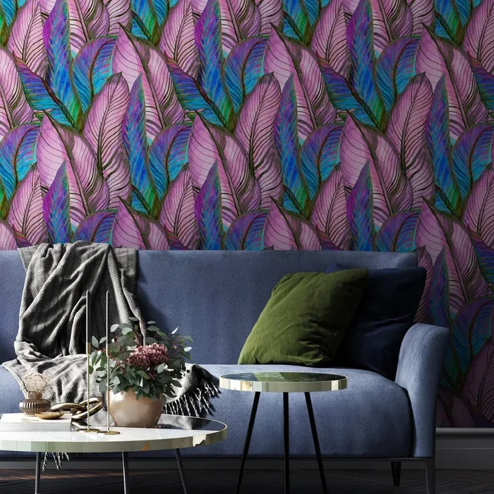 Botanical Wallpaper With A Tropical Leaf Motif In Purple, Blue, And Pink – A964