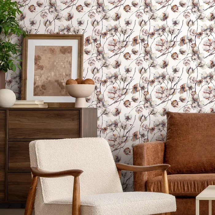 Botanical Wallpaper With A Watercolor Cotton Boll Motif In Brown And Gray – B614