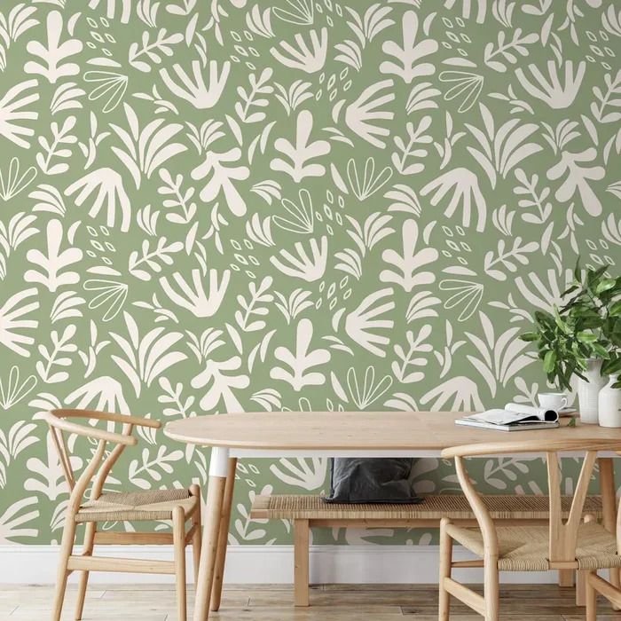 Botanical Wallpaper With Abstract Cutout Shapes In Green And Cream – D676