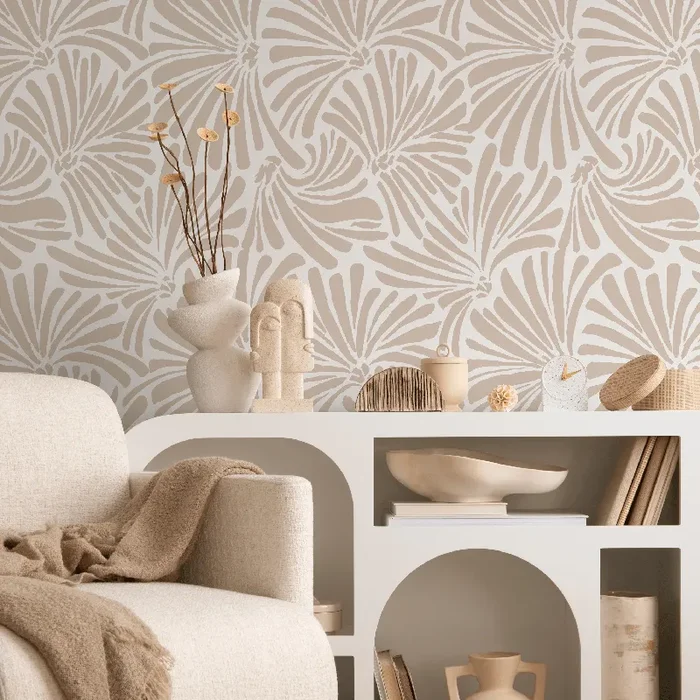 Botanical Wallpaper With Abstract Fan Leaves In Beige – C666