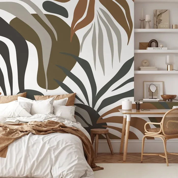 Botanical Wallpaper With Abstract Tropical Leaves In Brown, Green, And Gray – D714