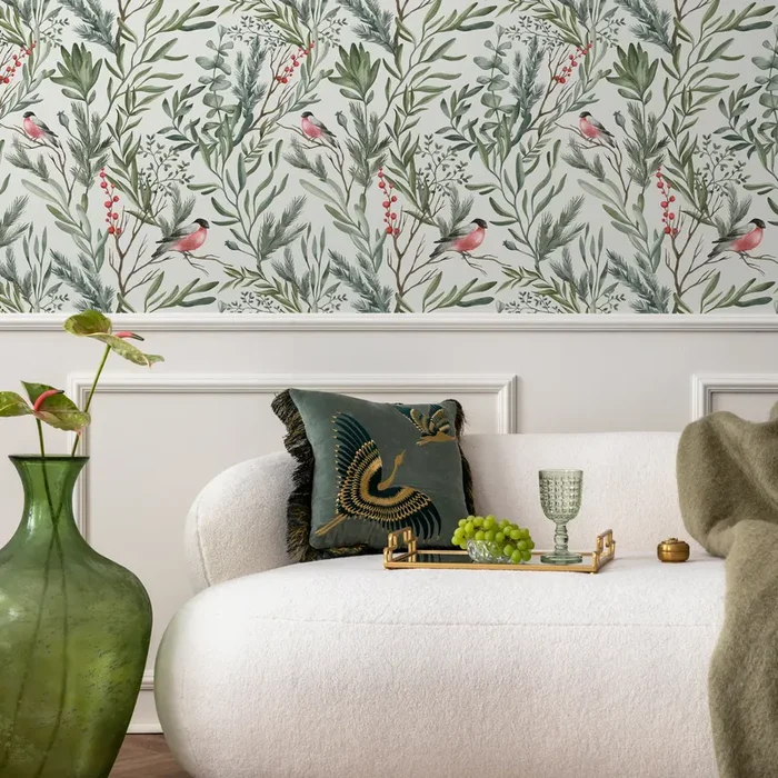 Botanical Wallpaper With Bullfinches And Foliage In Green, Red, And Pink – C252