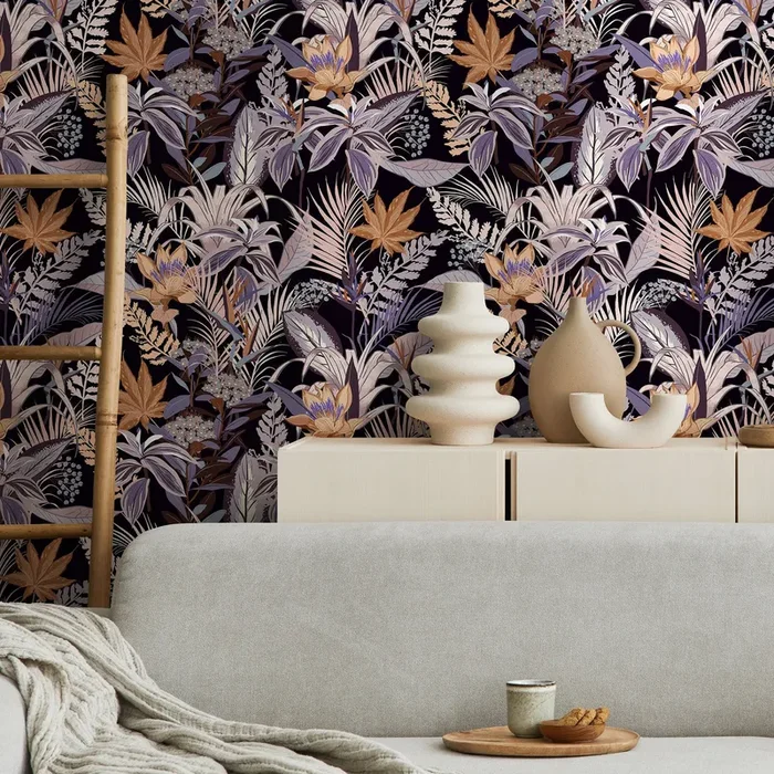Botanical Wallpaper With Exotic Jungle Foliage In Purple, Brown, And Beige – B429