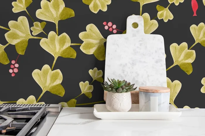 Botanical Wallpaper With Ginkgo Leaves And Berries In Black, Green, And Red – X012