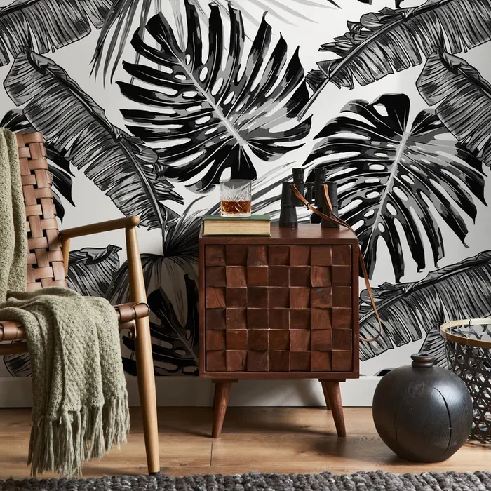 Botanical Wallpaper With Large-scale Monstera Leaves In Black And White – B118