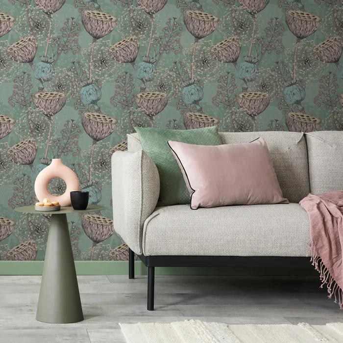 Botanical Wallpaper With Lotus And Poppy Seed Pods In Green, Pink, And Blue – C001