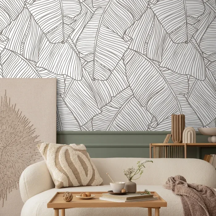Botanical Wallpaper With Minimalist Banana Leaf Line Art In Taupe – A474
