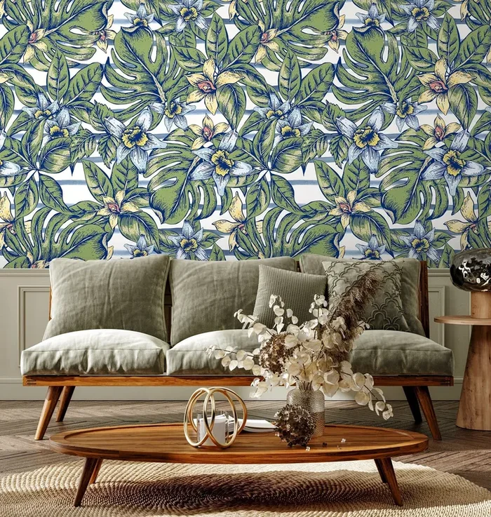 Botanical Wallpaper With Monstera Leaves And Flowers In Green, Blue, And Yellow – A969