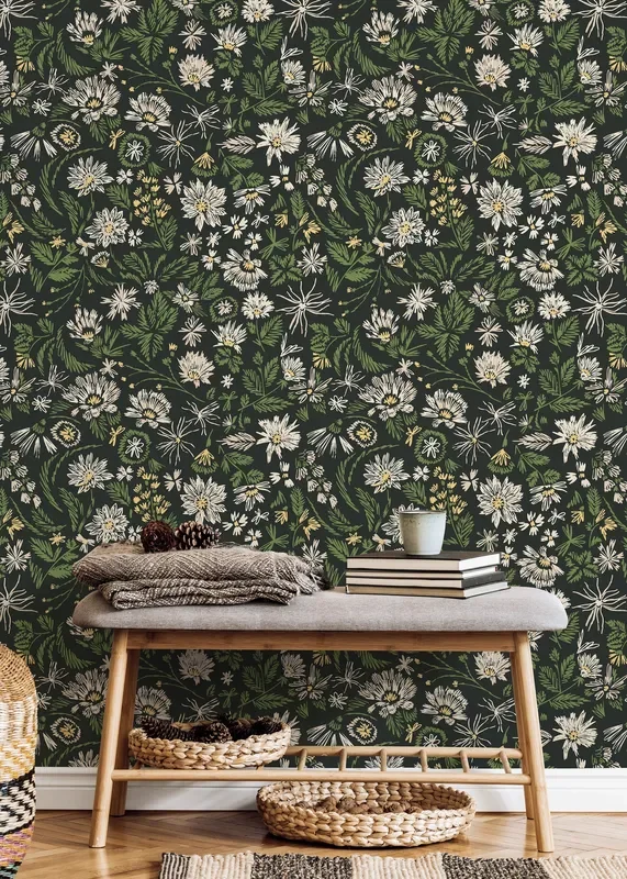 Botanical Wallpaper With Sketchy Wildflowers In Green, Cream, And Yellow – D319