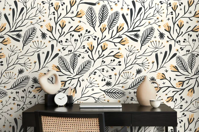 Botanical Wallpaper With Stylized Folk Art Botanicals In Black And Yellow – D280