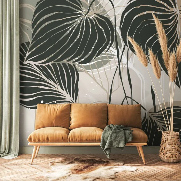 Botanical Wallpaper With Stylized Tropical Leaves In Dark Green, Sage, And Beige – B954