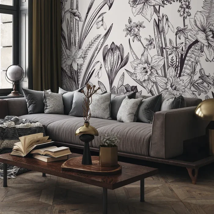 Botanical Wallpaper With Vintage Spring Flowers In Black And White – C049