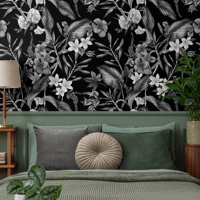 Botanical Wallpaper With Vintage Tropical Florals In Black And White – A382