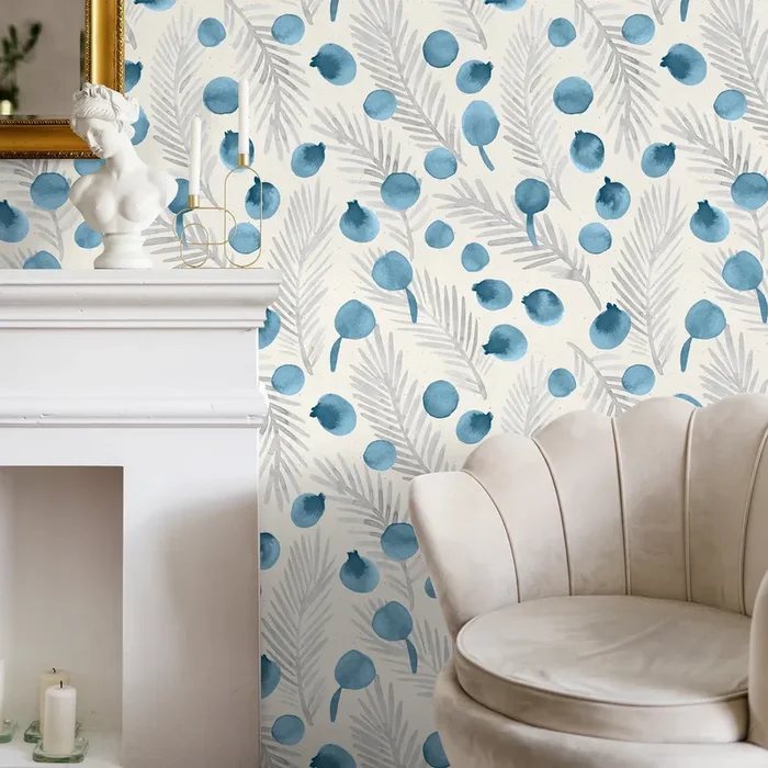 Botanical Wallpaper With Watercolor Berries And Leaves In Blue And Gray – A320