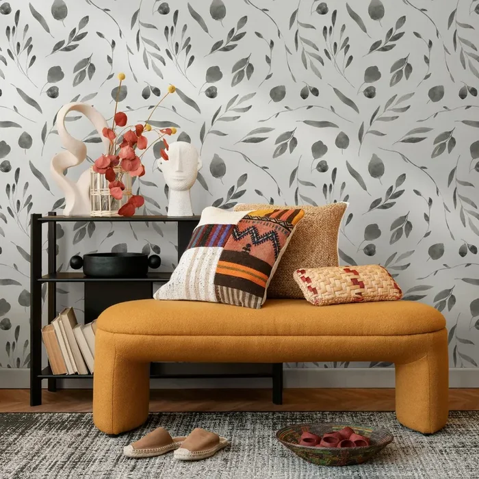 Botanical Wallpaper With Watercolor Leaves In Gray – B028