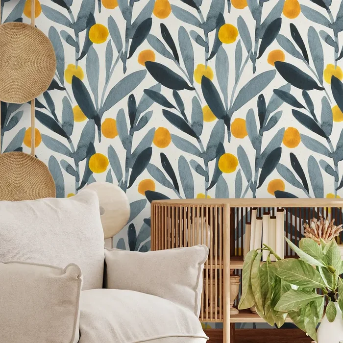 Botanical Wallpaper With Watercolor Olives In Blue, Gray, And Yellow – A401