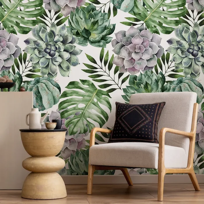 Botanical Wallpaper With Watercolor Succulents And Monstera In Green And Purple – A020
