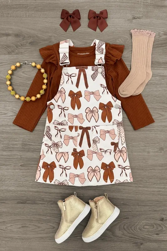 Brown Denim Bow Overall Dress Set