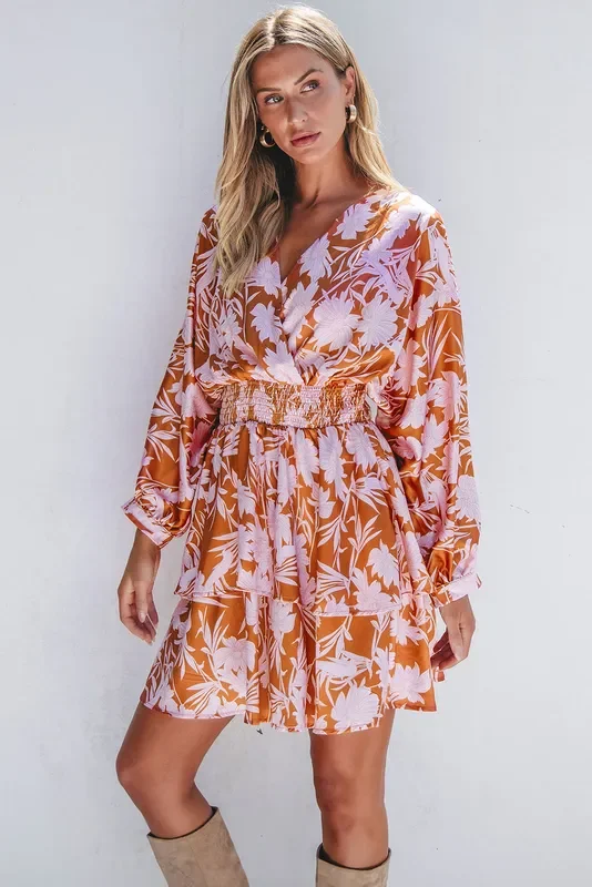 Brown Floral Puff Sleeve Smocked Waist Layered Dress