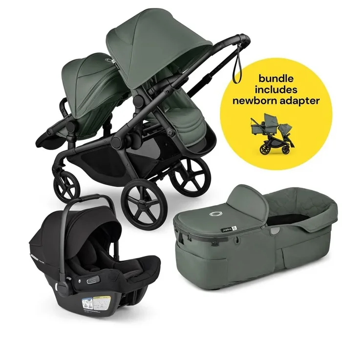 Bugaboo Kangaroo All-Position Newborn Double Stroller + Turtle Air Shield By Nuna Travel System Bundle – Black / Forest Green / Forest Green / Black
