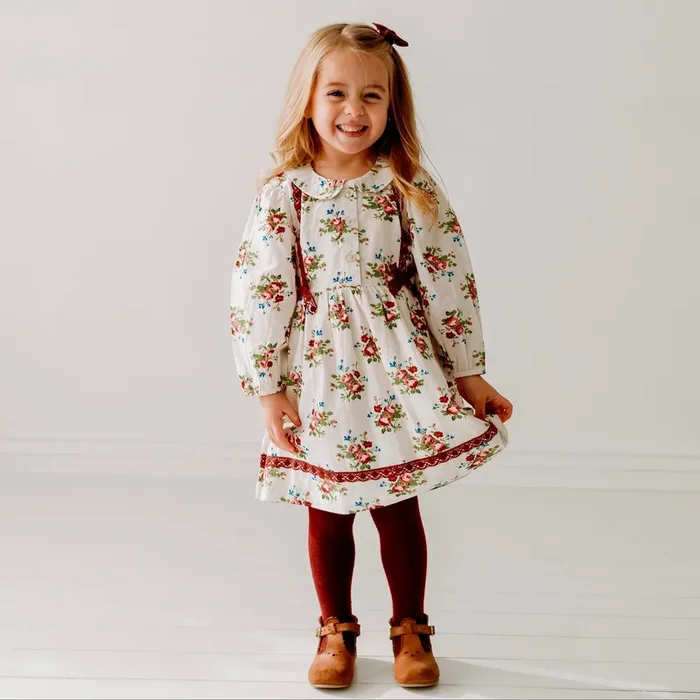 Bunch Floral Printed Girl’s Cotton Dress With Crimson Lace