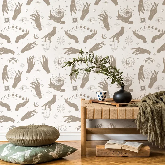 Celestial Wallpaper With Mystical Hand Motifs In Gray And White – Zabg