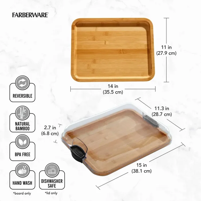 Charcuterie Bamboo Board with Locking Lid – 11 Inch x 14 Inch