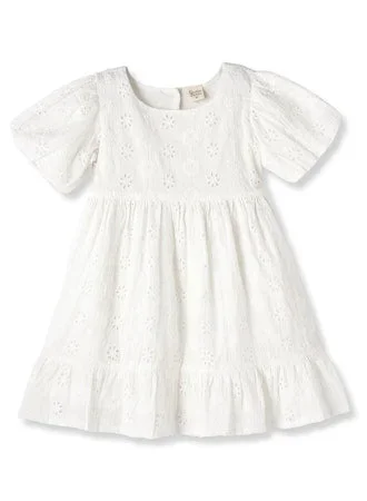 Charlotte Soft White Embroidered Flutter Sleeve Dress