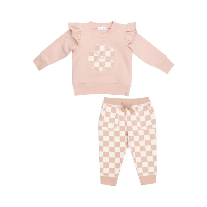 Checkerboard Pink Daisy Patch French Terry Ruffle Sweatshirt & Paperbag Jogger Set