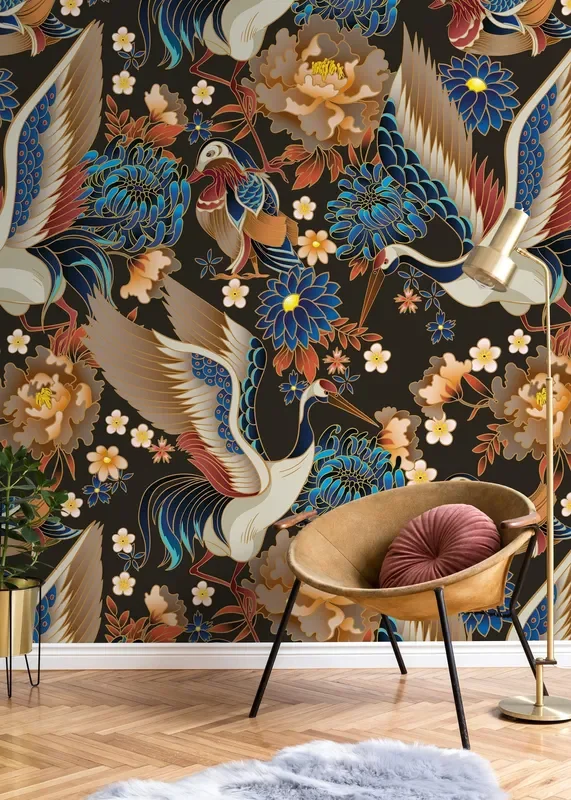 Chinoiserie Wallpaper Featuring Elegant Cranes And Florals In Blue, Gold, And Red – D245