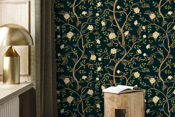 Chinoiserie Wallpaper With A Floral Garden Motif In Dark Teal And Cream – D501