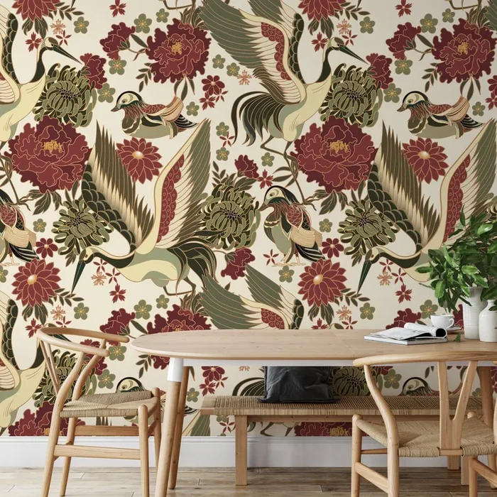 Chinoiserie Wallpaper With Cranes And Florals In Red, Green, And Beige – D247
