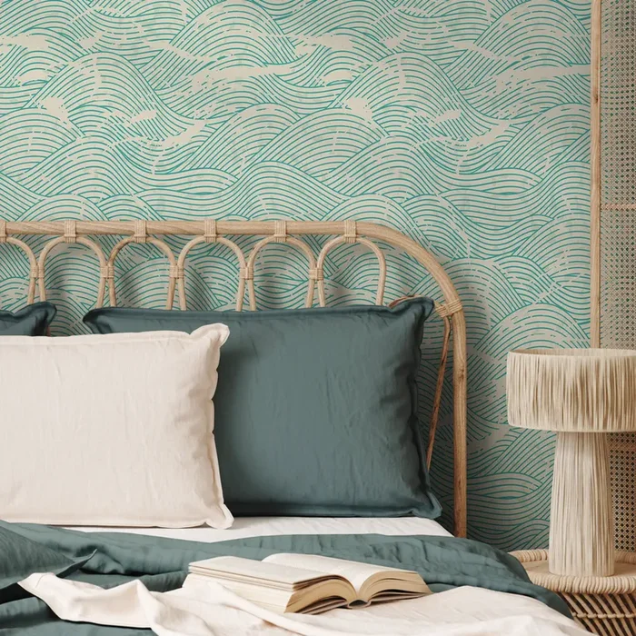 Coastal Wallpaper Featuring A Distressed Wave Motif In Teal And Beige – B935