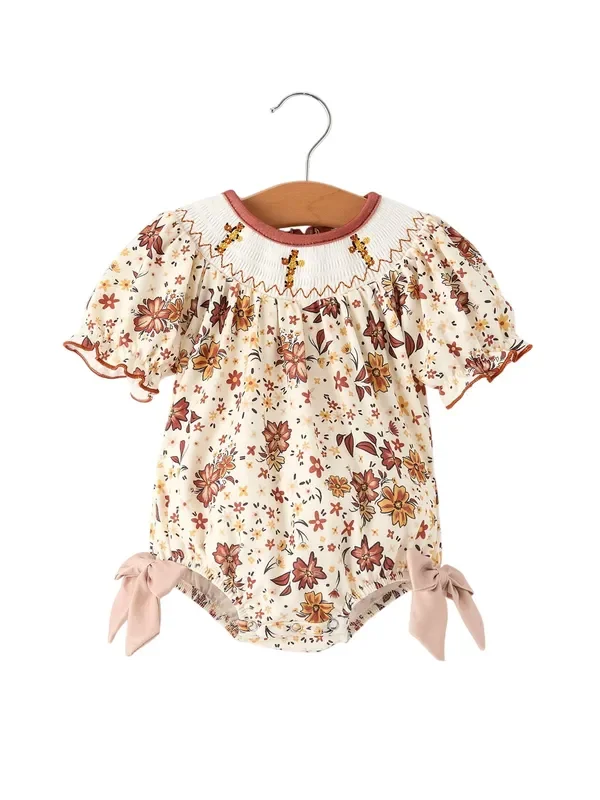 Colorful Floral Smocked Church Christ Bishop Christening Baby Girl Romper
