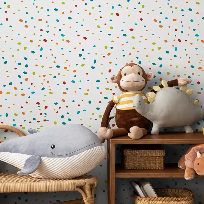 Confetti Wallpaper With A Scattered Dot Motif In Red, Orange, And Blue – B069