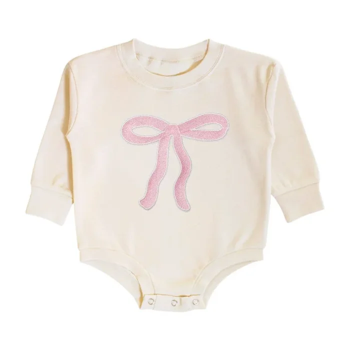 Coquette Bow Patch Long Sleeve Romper – Natural